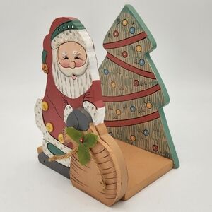 Wood Santa Claus Napkin Holder Hand Painted/ Embossed Christmas Tree Back EUC